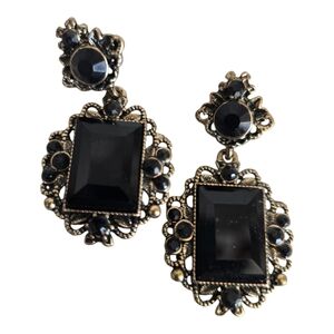 Vintage Black Gold Nostalgia Dangle Earrings Gemstone Romantic Victorian Ornate